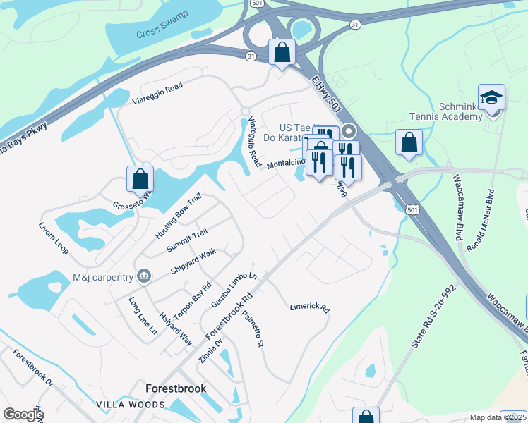 map of restaurants, bars, coffee shops, grocery stores, and more near 5322 Tremiti Lane in Myrtle Beach
