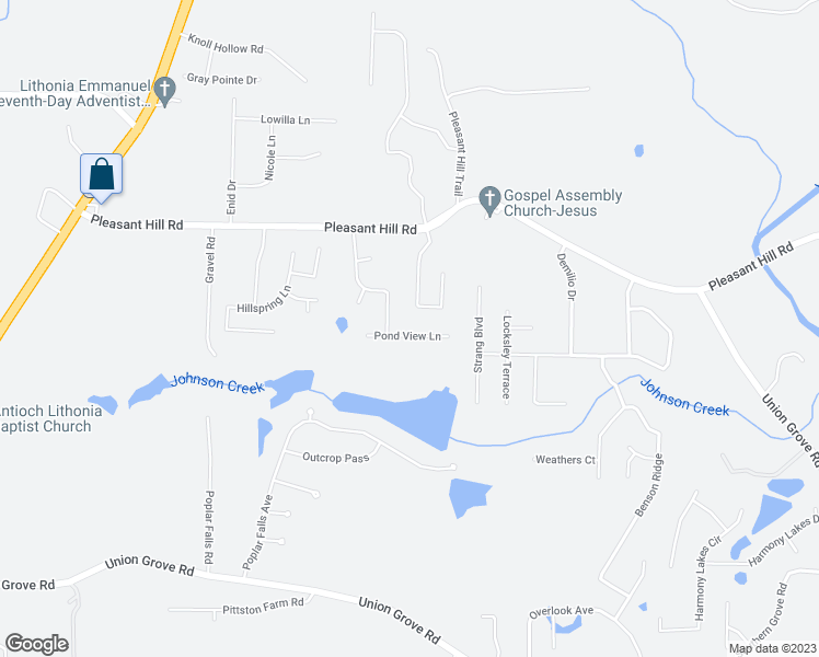 map of restaurants, bars, coffee shops, grocery stores, and more near 7642 Pond View Lane in Lithonia