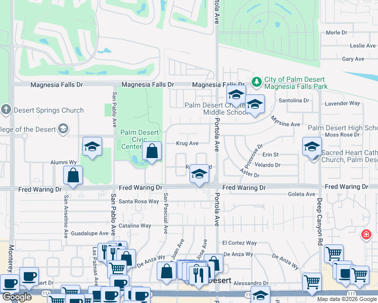 map of restaurants, bars, coffee shops, grocery stores, and more near 73876 Krug Avenue in Palm Desert