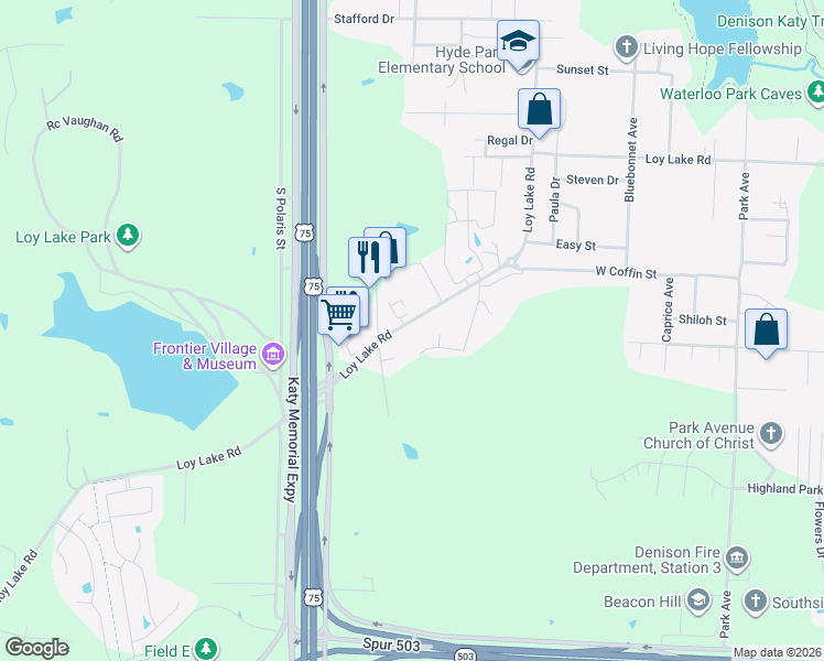 map of restaurants, bars, coffee shops, grocery stores, and more near 3023 Loy Lake Road in Denison
