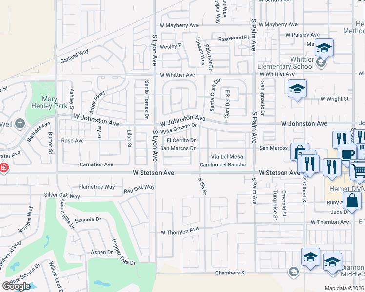 map of restaurants, bars, coffee shops, grocery stores, and more near 1470 San Marcos Drive in Hemet