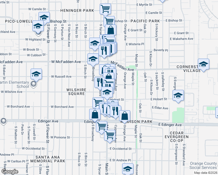 map of restaurants, bars, coffee shops, grocery stores, and more near 1307 South Main Street in Santa Ana