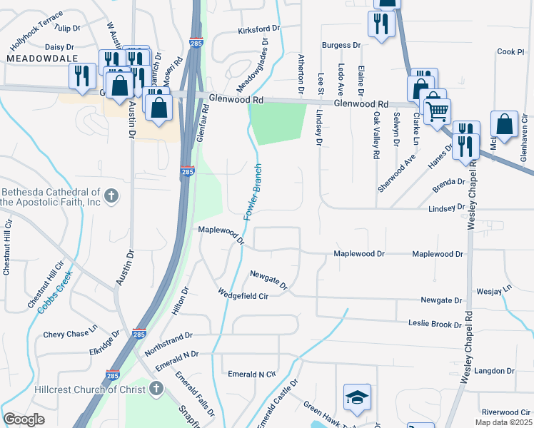 map of restaurants, bars, coffee shops, grocery stores, and more near 2065 Glenwood Downs Drive in Decatur