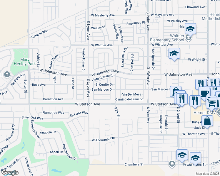 map of restaurants, bars, coffee shops, grocery stores, and more near 1400 San Marcos Drive in Hemet