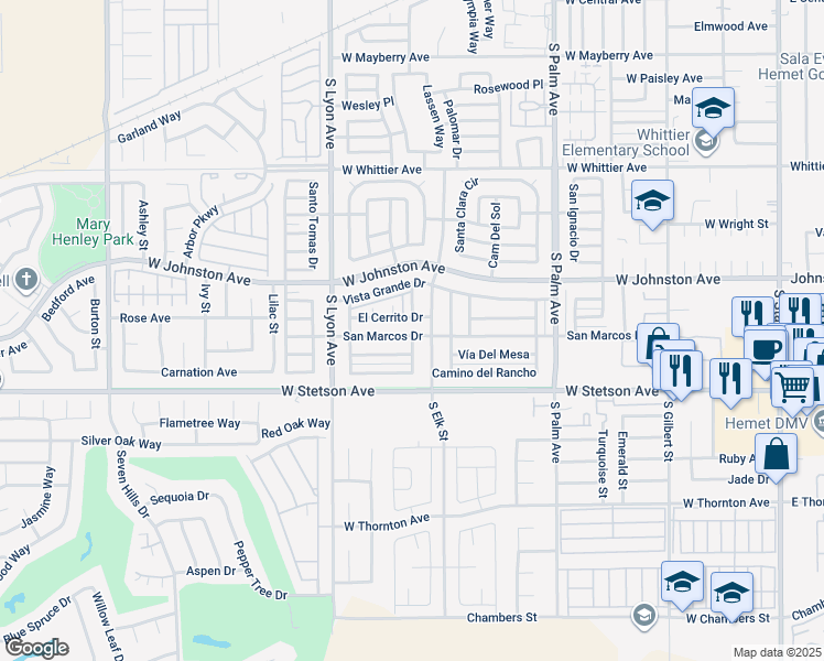map of restaurants, bars, coffee shops, grocery stores, and more near 1400 San Marcos Drive in Hemet