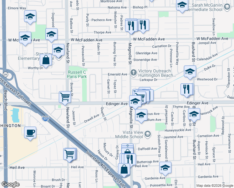 map of restaurants, bars, coffee shops, grocery stores, and more near 15942 Topaz Street in Westminster