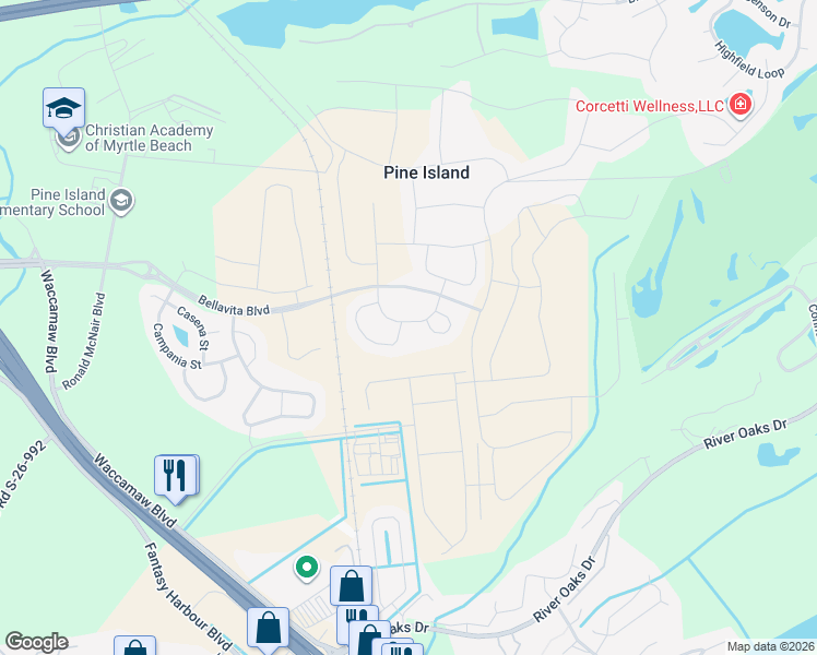 map of restaurants, bars, coffee shops, grocery stores, and more near 905 Sorano Street in Myrtle Beach