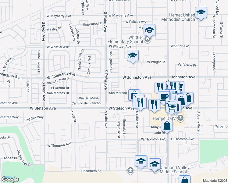 map of restaurants, bars, coffee shops, grocery stores, and more near 816 San Marcos Drive in Hemet
