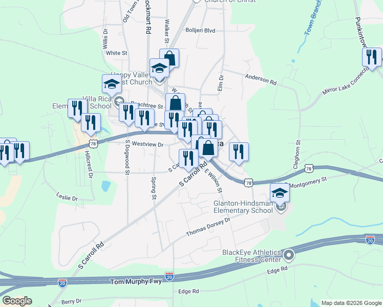 map of restaurants, bars, coffee shops, grocery stores, and more near 111 South Candler Street in Villa Rica