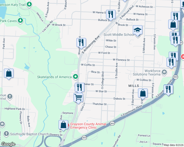 map of restaurants, bars, coffee shops, grocery stores, and more near 1025 Rice Street in Denison