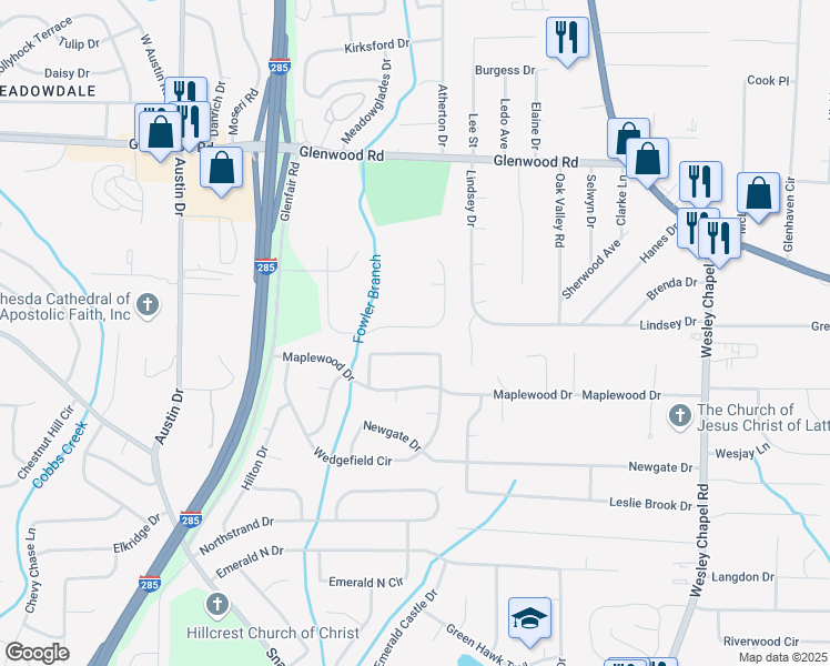 map of restaurants, bars, coffee shops, grocery stores, and more near 2089 Glenwood Downs Drive in Decatur