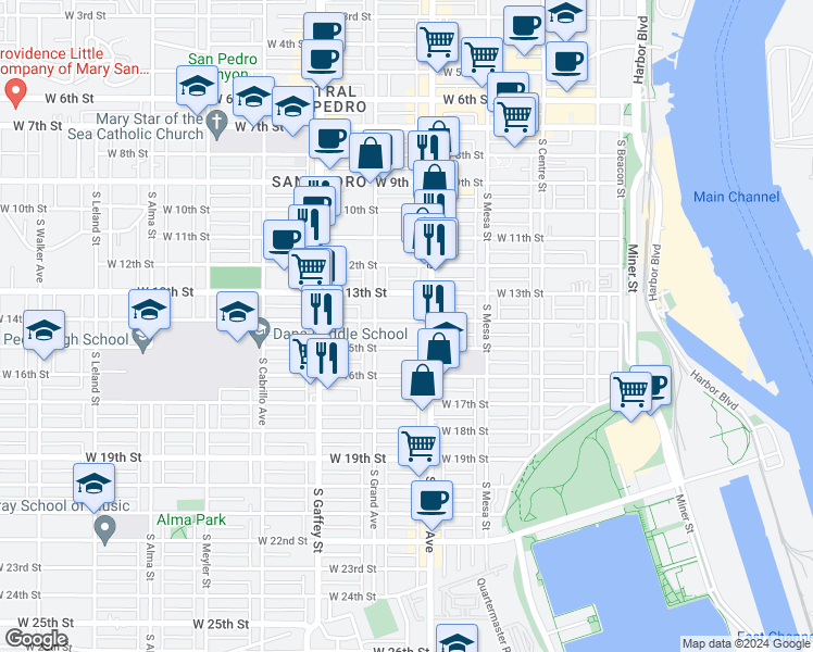 map of restaurants, bars, coffee shops, grocery stores, and more near 545 West 14th Street in Los Angeles