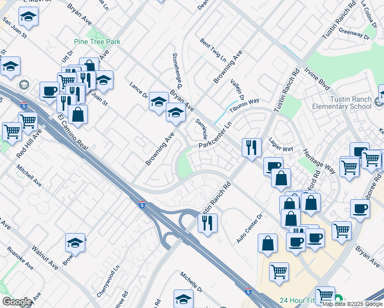 map of restaurants, bars, coffee shops, grocery stores, and more near 13615 Almond Street in Tustin