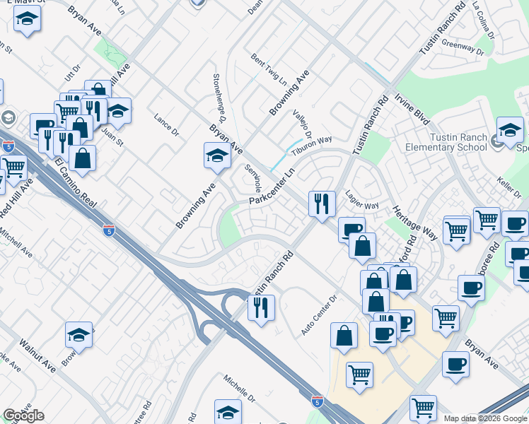 map of restaurants, bars, coffee shops, grocery stores, and more near 2215 Carob Way in Tustin
