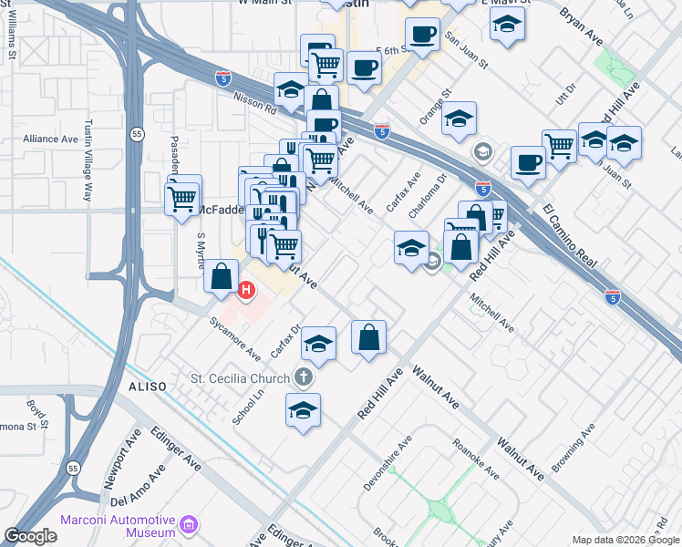 map of restaurants, bars, coffee shops, grocery stores, and more near 1201 Walnut Avenue in Tustin