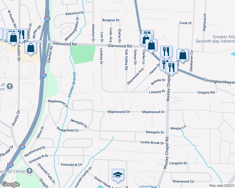 map of restaurants, bars, coffee shops, grocery stores, and more near 4125 Lindsey Drive in Decatur