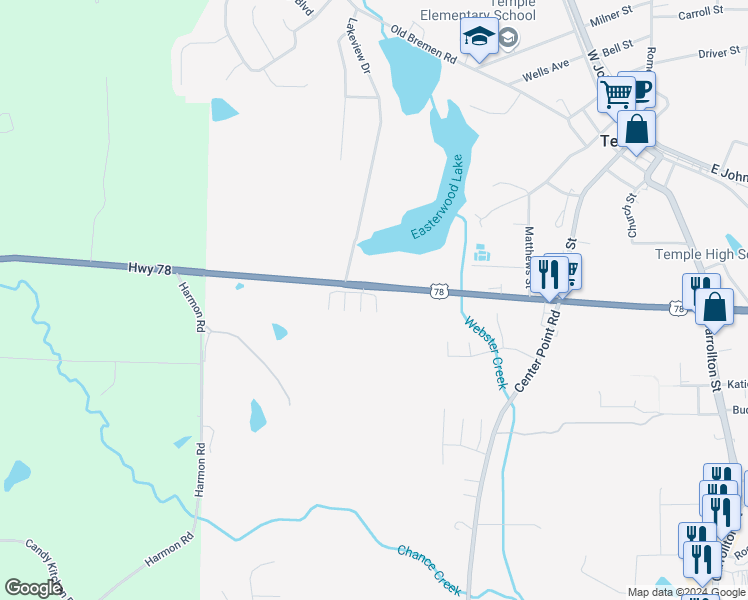 map of restaurants, bars, coffee shops, grocery stores, and more near 101 Bedrock Place in Temple