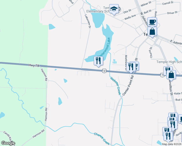 map of restaurants, bars, coffee shops, grocery stores, and more near 100 Bedrock Place in Temple