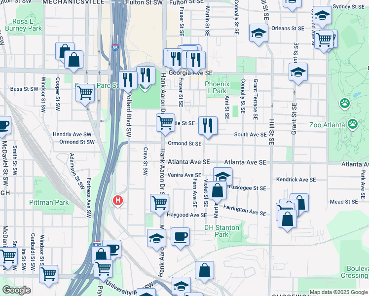 map of restaurants, bars, coffee shops, grocery stores, and more near 74 Ormond Street Southeast in Atlanta