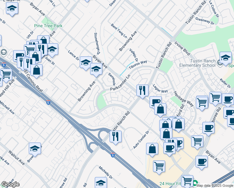 map of restaurants, bars, coffee shops, grocery stores, and more near 13592 Navajo in Tustin
