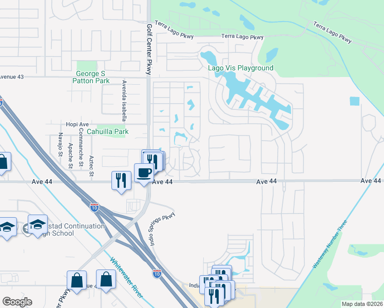 map of restaurants, bars, coffee shops, grocery stores, and more near 84136 Avenue 44 in Indio
