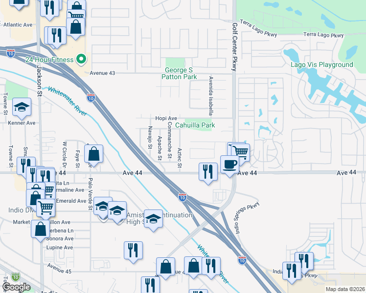 map of restaurants, bars, coffee shops, grocery stores, and more near 83764 Yosemite Drive in Indio