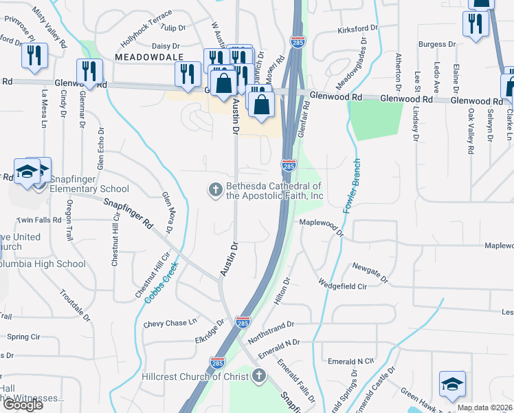 map of restaurants, bars, coffee shops, grocery stores, and more near 3843 Austin Circle in Decatur