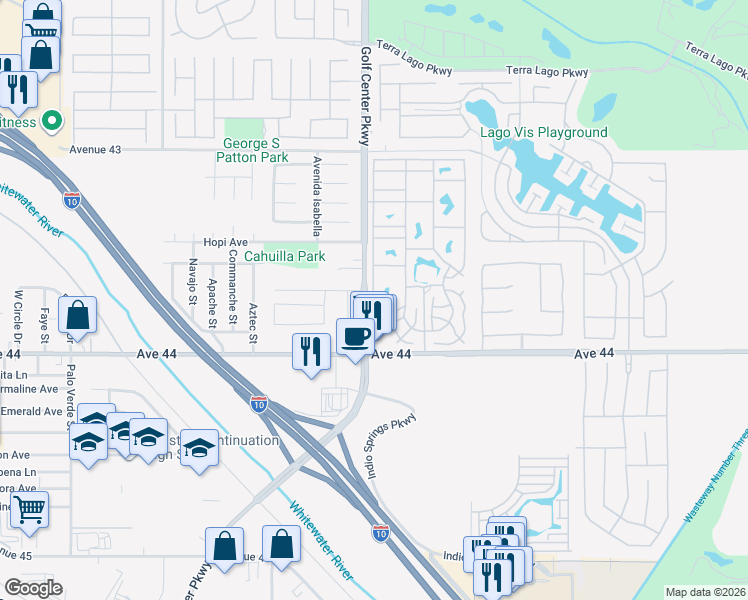 map of restaurants, bars, coffee shops, grocery stores, and more near 84136 Avenue 44 in Indio