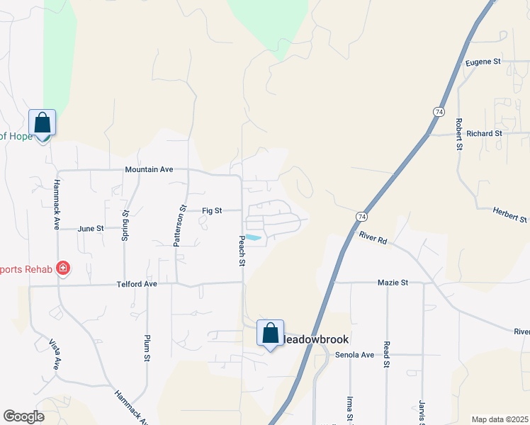 map of restaurants, bars, coffee shops, grocery stores, and more near 26734 Peach Street in Perris