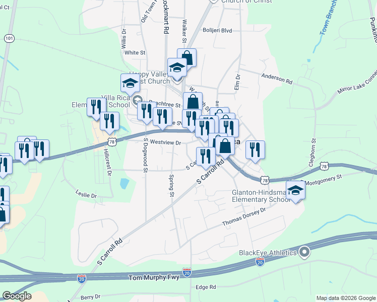 map of restaurants, bars, coffee shops, grocery stores, and more near 217 Westview Drive in Villa Rica