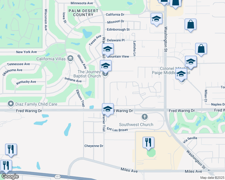 map of restaurants, bars, coffee shops, grocery stores, and more near 43670 Cll Las Brisas West in Palm Desert