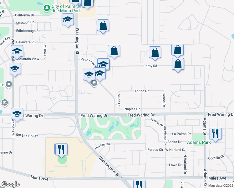 map of restaurants, bars, coffee shops, grocery stores, and more near 43755 Milan Court in La Quinta