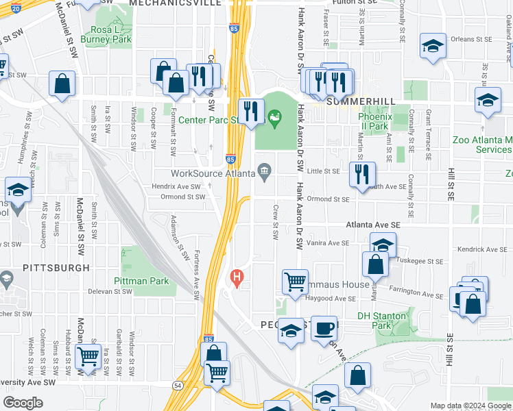 map of restaurants, bars, coffee shops, grocery stores, and more near 862 Washington Street Southwest in Atlanta