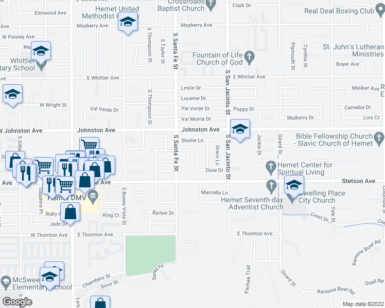 map of restaurants, bars, coffee shops, grocery stores, and more near 1001 Marion Avenue in Hemet