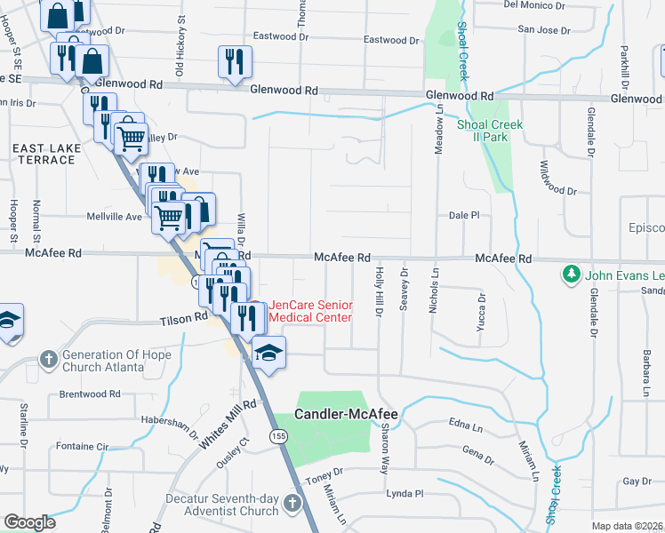 map of restaurants, bars, coffee shops, grocery stores, and more near 2772 McAfee Road in Decatur