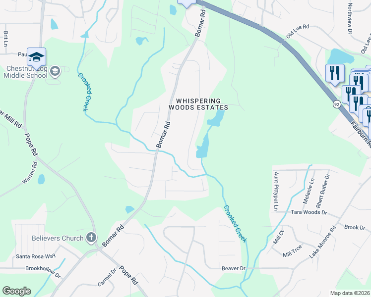 map of restaurants, bars, coffee shops, grocery stores, and more near 2745 Whisper Trail in Douglasville