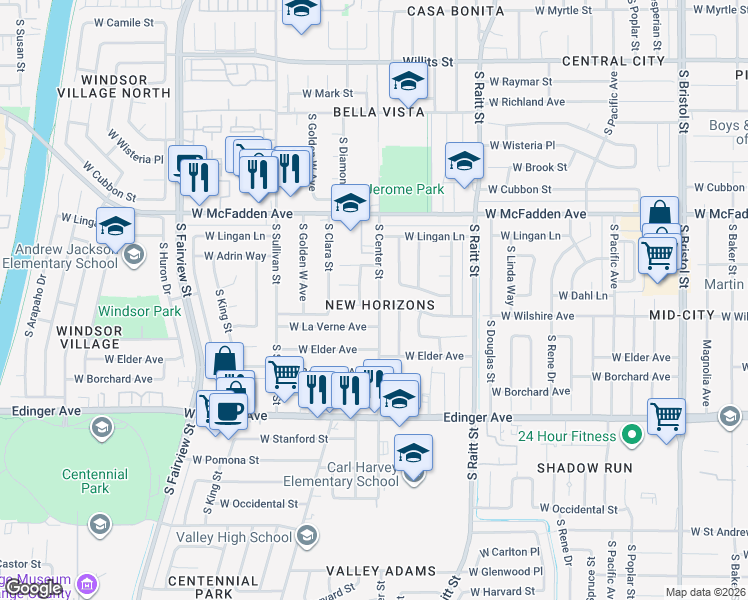 map of restaurants, bars, coffee shops, grocery stores, and more near 1202 South Center Street in Santa Ana