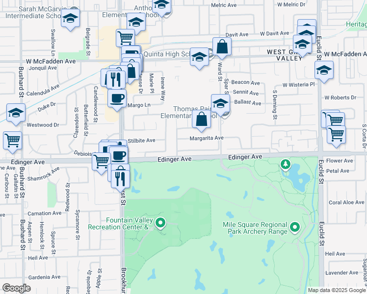 map of restaurants, bars, coffee shops, grocery stores, and more near 15914 Las Flores Street in Fountain Valley