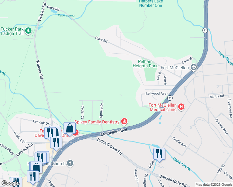 map of restaurants, bars, coffee shops, grocery stores, and more near 700 Mountain Drive in Anniston