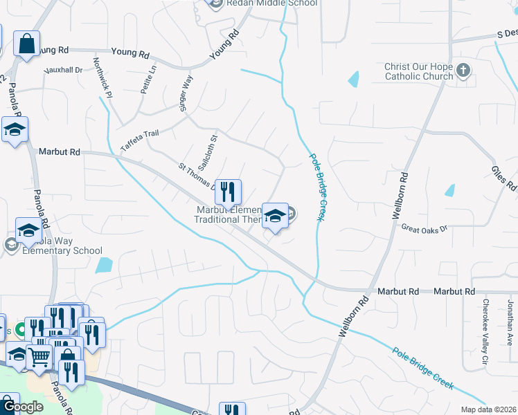 map of restaurants, bars, coffee shops, grocery stores, and more near 2119 Singer Way in Lithonia