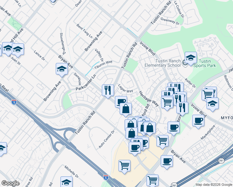 map of restaurants, bars, coffee shops, grocery stores, and more near 13400 Via Alicante in Tustin