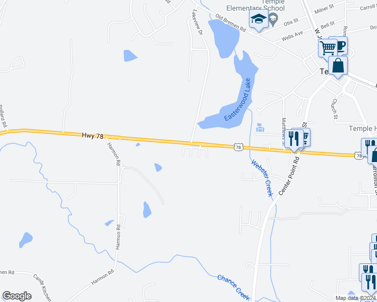 map of restaurants, bars, coffee shops, grocery stores, and more near 303 Kayla Court in Temple