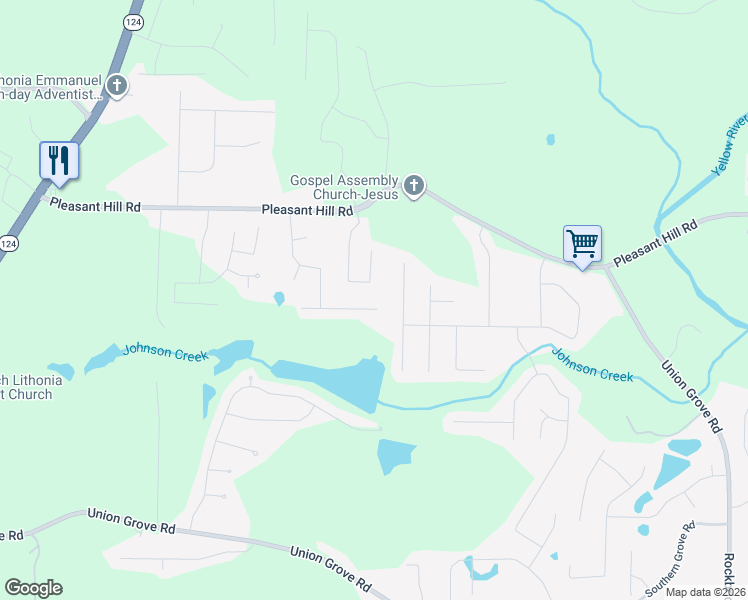 map of restaurants, bars, coffee shops, grocery stores, and more near 7672 Pond View Lane in Lithonia