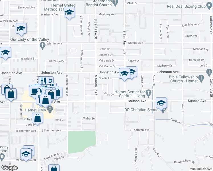 map of restaurants, bars, coffee shops, grocery stores, and more near 1021 Marion Avenue in Hemet