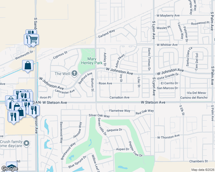 map of restaurants, bars, coffee shops, grocery stores, and more near 1017 Violet Street in Hemet