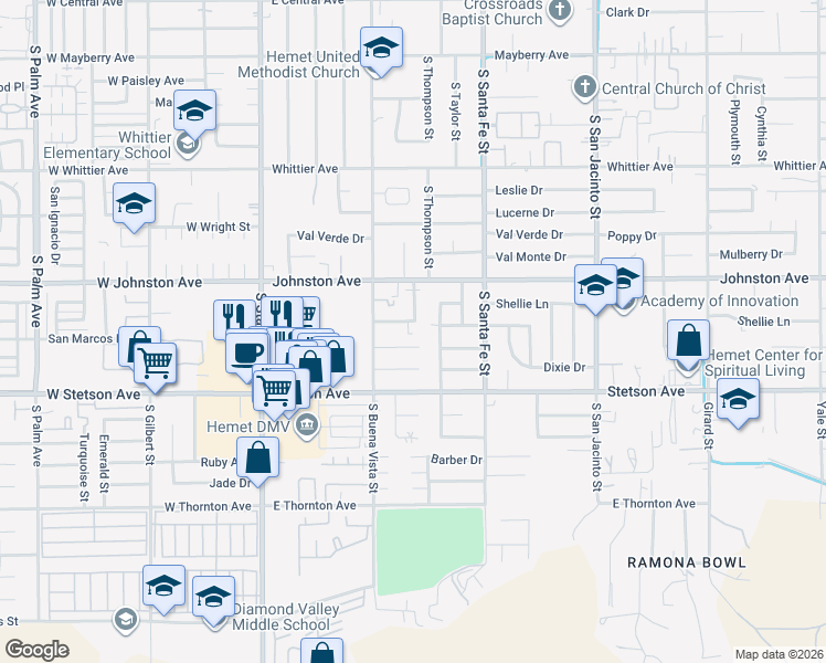 map of restaurants, bars, coffee shops, grocery stores, and more near 962 Monarch Street in Hemet