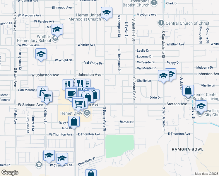 map of restaurants, bars, coffee shops, grocery stores, and more near 506 Montecito Avenue in Hemet