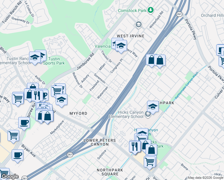 map of restaurants, bars, coffee shops, grocery stores, and more near 59 Sorenson in Irvine