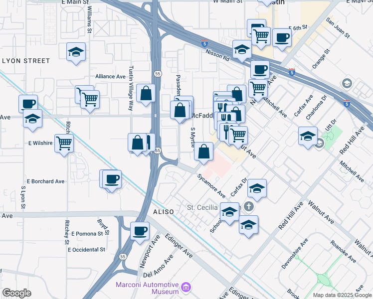 map of restaurants, bars, coffee shops, grocery stores, and more near 15921 South Myrtle Avenue in Tustin