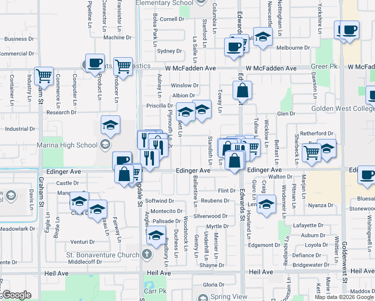 map of restaurants, bars, coffee shops, grocery stores, and more near 6221 Royalist Drive in Huntington Beach